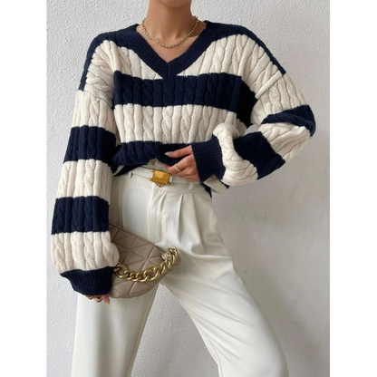 Women’s Sweatshirt – Oversized Relaxed Fit – V-Neck Cable Knit – Striped Long Sleeve