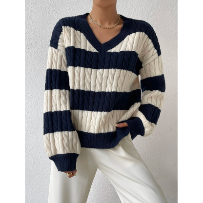 Women’s Sweatshirt – Oversized Relaxed Fit – V-Neck Cable Knit – Striped Long Sleeve