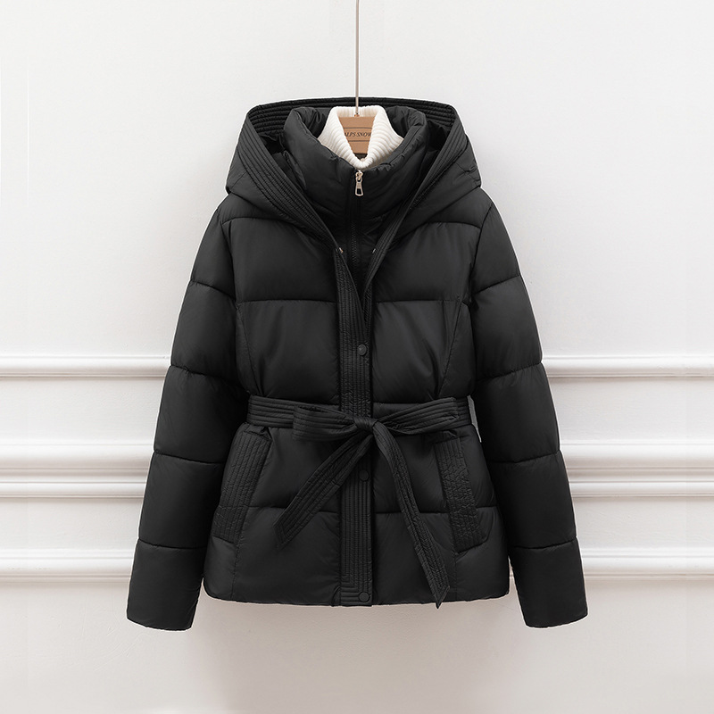 Women’s Padded Coat – Quilted Slim Fit – Hooded with Tie Waist – Zipper Closure