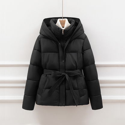 Women’s Padded Coat – Quilted Slim Fit – Hooded with Tie Waist – Zipper Closure