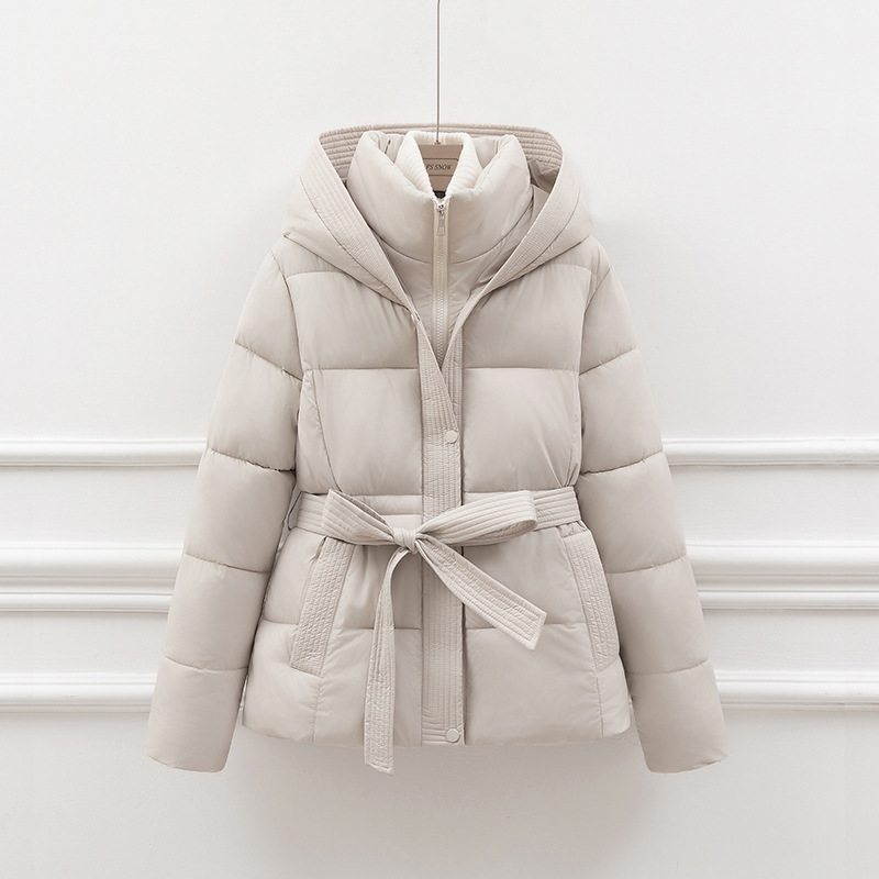 Women’s Padded Coat – Quilted Slim Fit – Hooded with Tie Waist – Zipper Closure