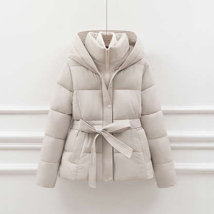 Women’s Padded Coat – Quilted Slim Fit – Hooded with Tie Waist – Zipper Closure