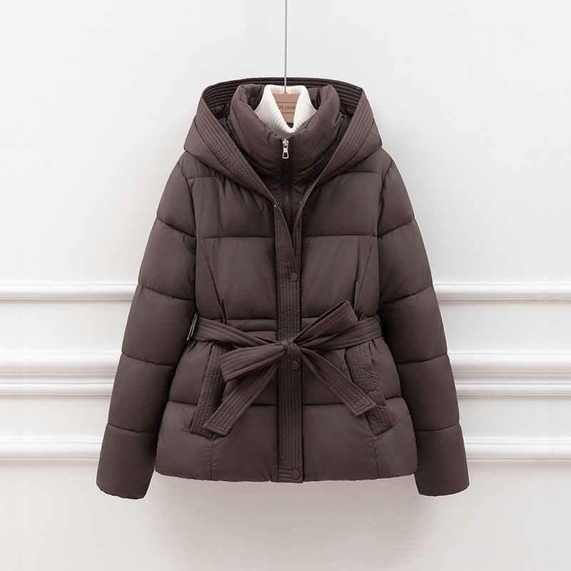 Women’s Padded Coat – Quilted Slim Fit – Hooded with Tie Waist – Zipper Closure