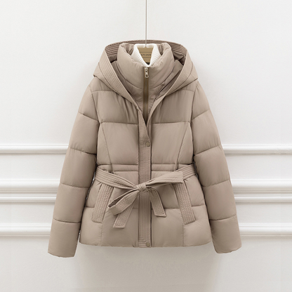 Women’s Padded Coat – Quilted Slim Fit – Hooded with Tie Waist – Zipper Closure