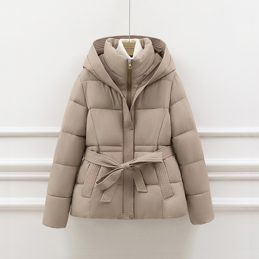 Women’s Padded Coat – Quilted Slim Fit – Hooded with Tie Waist – Zipper Closure