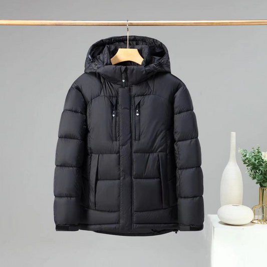 Men’s Padded Jacket – Water-Resistant Insulated – Detachable Hood – Zipper Pockets – Hip Length