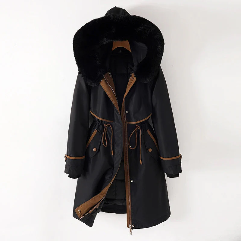 Women’s Parka Jacket – Relaxed Fit – Quilted Lining – Fur Hood – Adjustable Waist