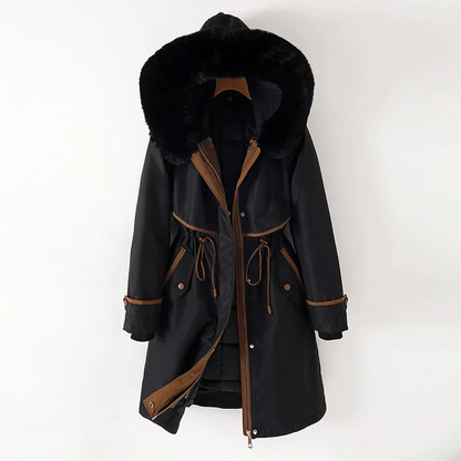 Women’s Parka Jacket – Relaxed Fit – Quilted Lining – Fur Hood – Adjustable Waist