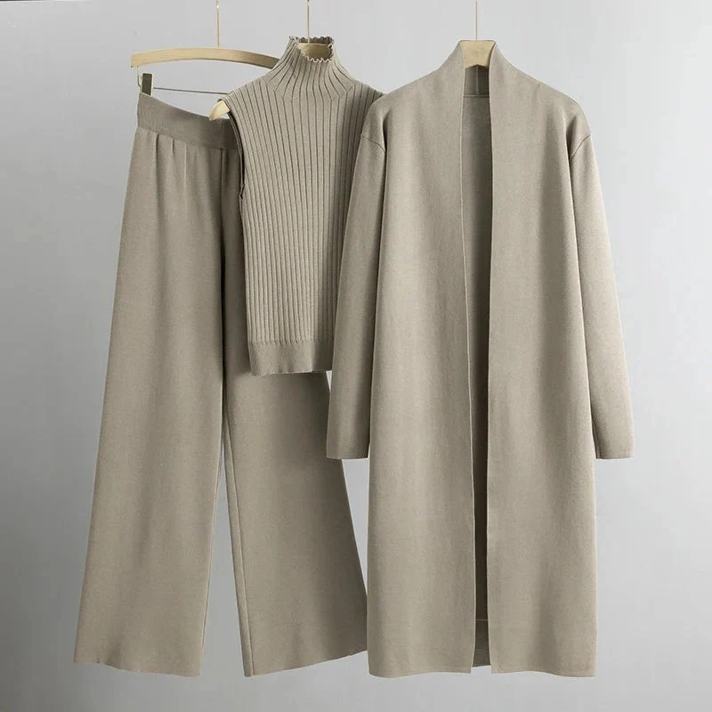Women’s 3-Piece Set – Ribbed Knit – Relaxed Fit – Open Front – Full-Length Sleeves