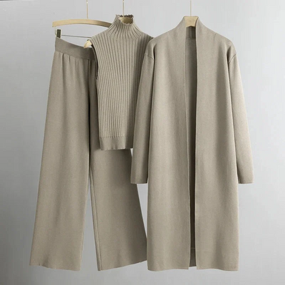 Women’s 3-Piece Set – Ribbed Knit – Relaxed Fit – Open Front – Full-Length Sleeves