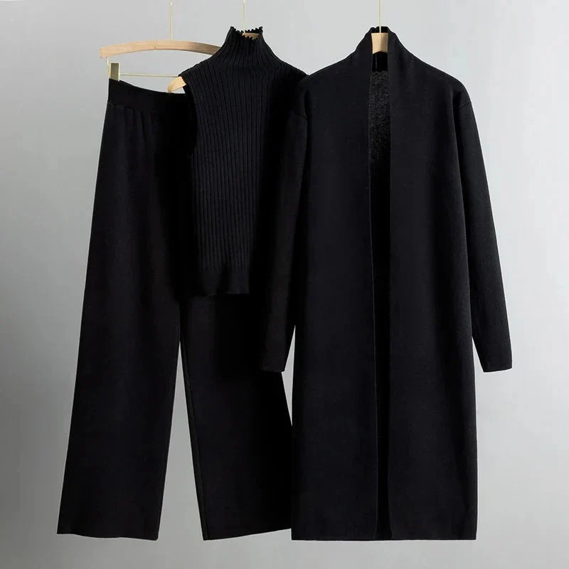 Women’s 3-Piece Set – Ribbed Knit – Relaxed Fit – Open Front – Full-Length Sleeves