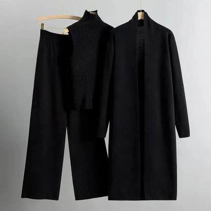 Women’s 3-Piece Set – Ribbed Knit – Relaxed Fit – Open Front – Full-Length Sleeves