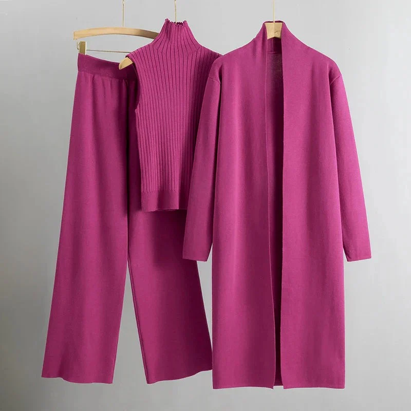 Women’s 3-Piece Set – Ribbed Knit – Relaxed Fit – Open Front – Full-Length Sleeves