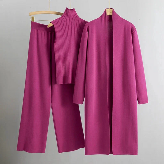 Women’s 3-Piece Set – Ribbed Knit – Relaxed Fit – Open Front – Full-Length Sleeves
