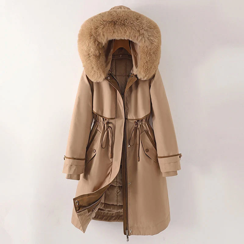 Women’s Parka Jacket – Relaxed Fit – Quilted Lining – Fur Hood – Adjustable Waist