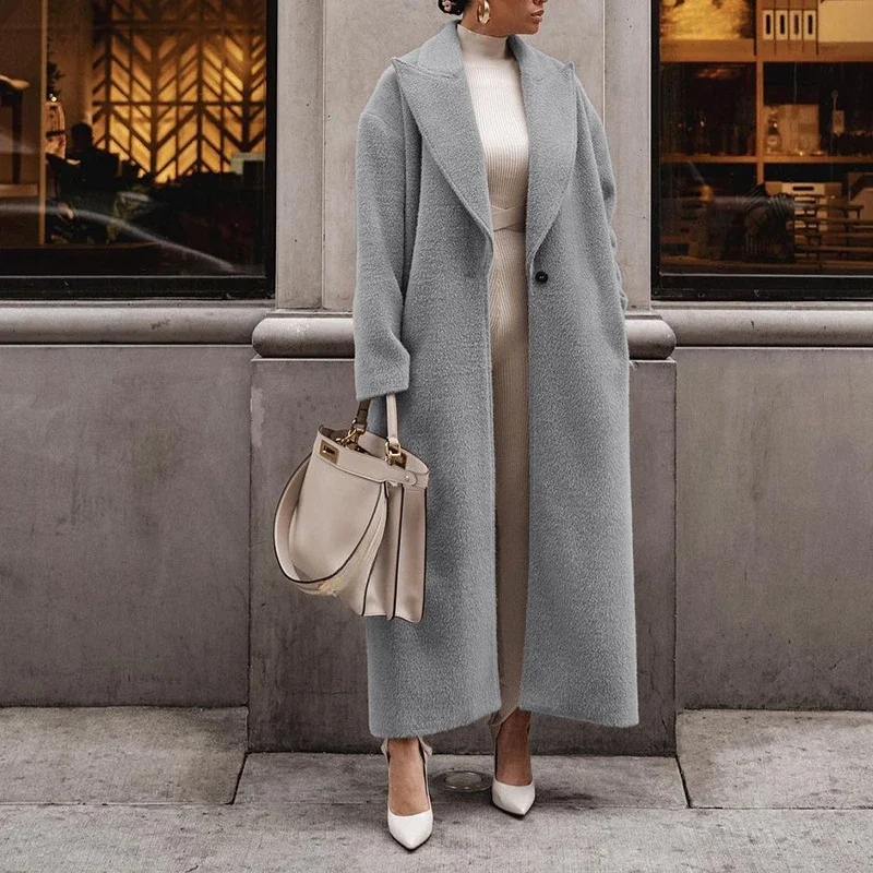 Women’s Full-Length Coat – Wool Blend – Oversized Fit – Wide Lapel Single Button