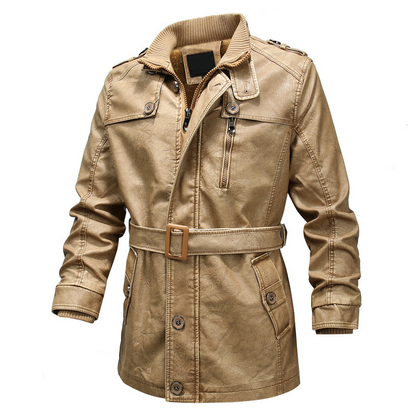 Men’s Trench Coat – Washed Leather Look – Regular Fit – Asymmetrical Zip – Belted Waist