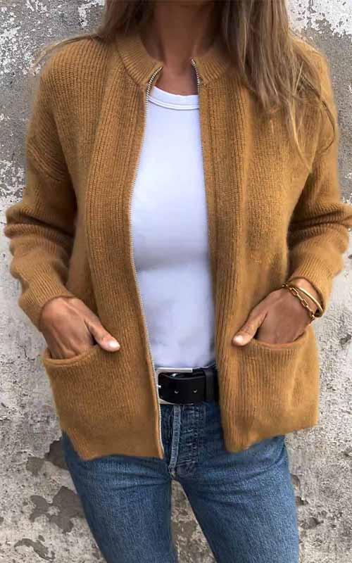 Women’s Knit Cardigan – Relaxed Fit – Open Front – Wool Blend – Ribbed Trim – Pockets