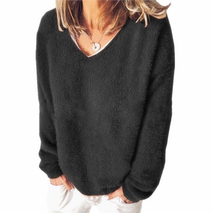 Women’s V-Neck Sweatshirt – Relaxed Fit – Plush Fuzzy Knit – Long Sleeve Casual Wear