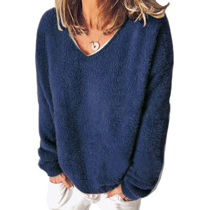 Women’s V-Neck Sweatshirt – Relaxed Fit – Plush Fuzzy Knit – Long Sleeve Casual Wear