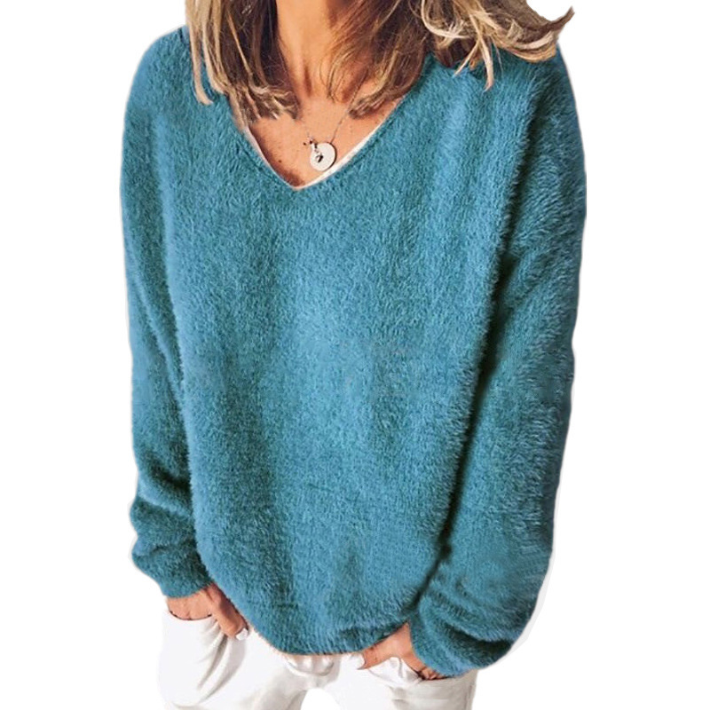 Women’s V-Neck Sweatshirt – Relaxed Fit – Plush Fuzzy Knit – Long Sleeve Casual Wear