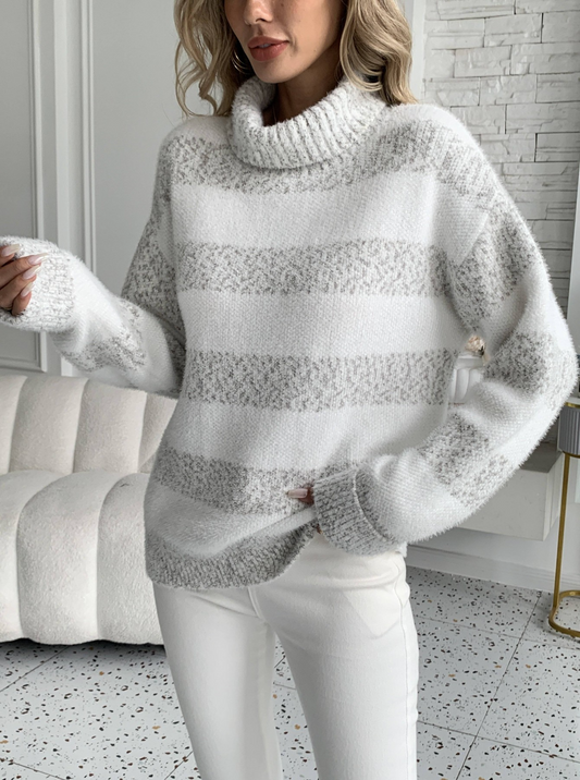 Women’s Pullover Sweatshirt – Loose Fit – Plush Knit – Ribbed Turtleneck – Striped Texture