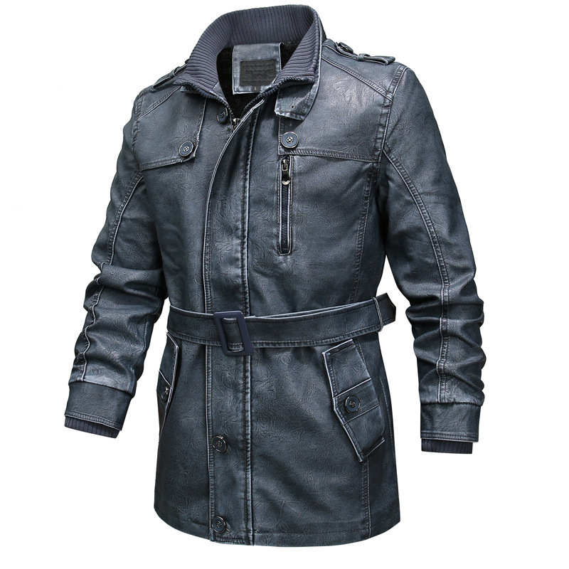 Men’s Trench Coat – Washed Leather Look – Regular Fit – Asymmetrical Zip – Belted Waist