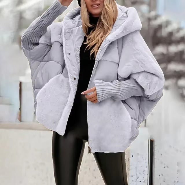 Women’s Puffer Jacket – Oversized Fit – Hooded Quilted Design – Button Front – Ribbed Cuffs