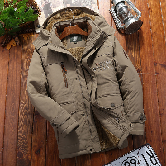 Men’s Coat – Loose Fit – Plush Lining – Hooded – Water-Resistant – Mid-Thigh Length
