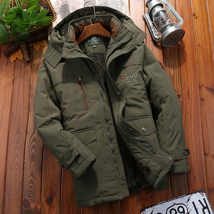 Men’s Coat – Loose Fit – Plush Lining – Hooded – Water-Resistant – Mid-Thigh Length