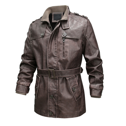 Men’s Trench Coat – Washed Leather Look – Regular Fit – Asymmetrical Zip – Belted Waist