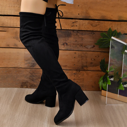Women’s Over-the-Knee Boots – Stretch Fit – Suede Finish – Block Heel – Almond Toe – Lace-Up Back