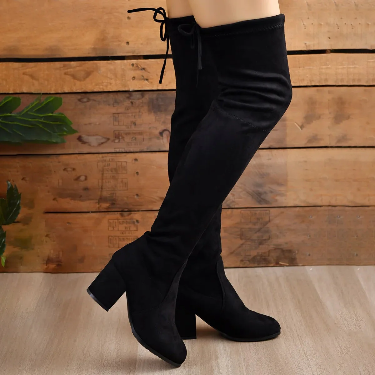 Women’s Over-the-Knee Boots – Stretch Fit – Suede Finish – Block Heel – Almond Toe – Lace-Up Back