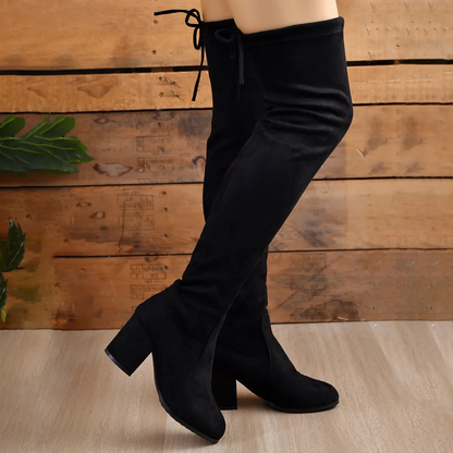 Women’s Over-the-Knee Boots – Stretch Fit – Suede Finish – Block Heel – Almond Toe – Lace-Up Back