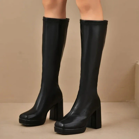 Women’s Knee-High Boots – Stretch Fit – Faux Leather – Block Heel – Square Toe