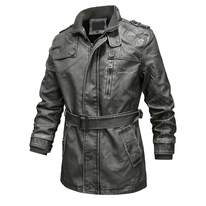 Men’s Trench Coat – Washed Leather Look – Regular Fit – Asymmetrical Zip – Belted Waist