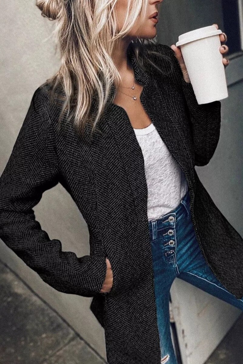 Women’s Blazer Jacket – Relaxed Tailored Fit – Herringbone Woven – Band Collar – Open Front