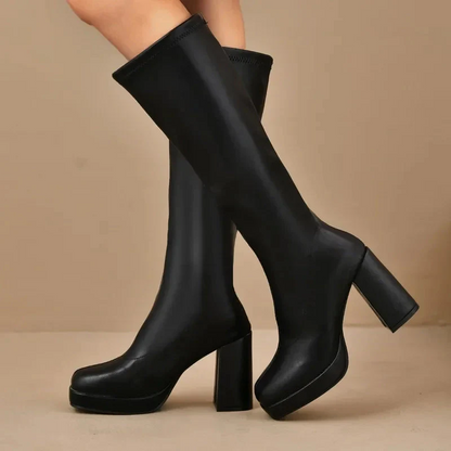 Women’s Knee-High Boots – Stretch Fit – Faux Leather – Block Heel – Square Toe