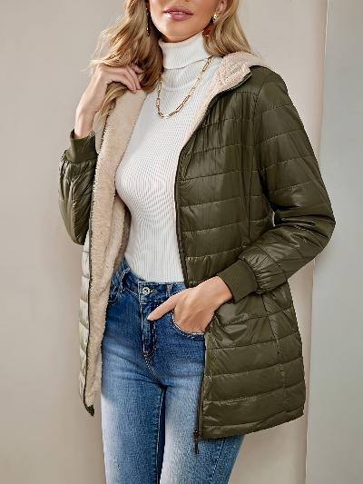 Women’s Quilted Jacket – Longline Relaxed Fit – Fleece Lined – Ribbed Cuffs