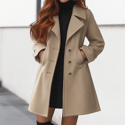 Women’s Long Coat – Tailored Fit – Wool Feel – Single Breasted – Lapel Collar