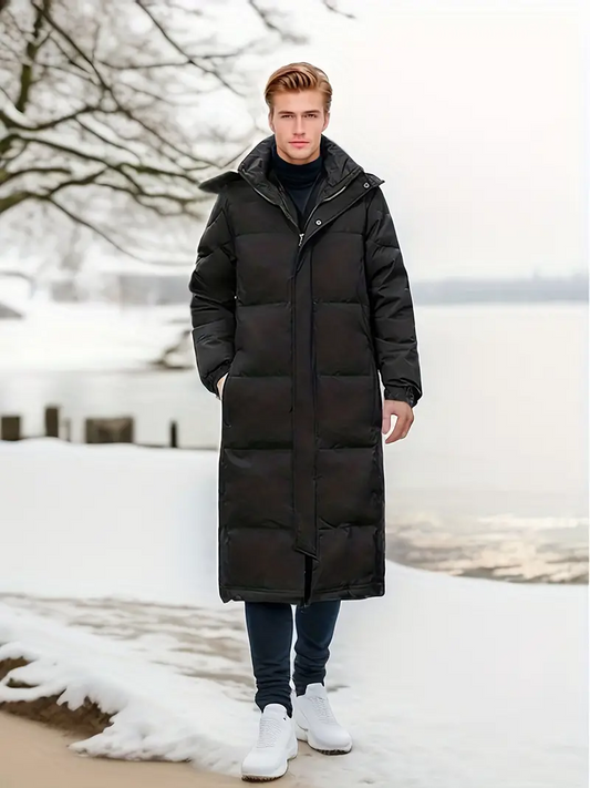 Men’s Puffer Coat – Quilted Insulation – Relaxed Fit – Long Length – Hooded Design