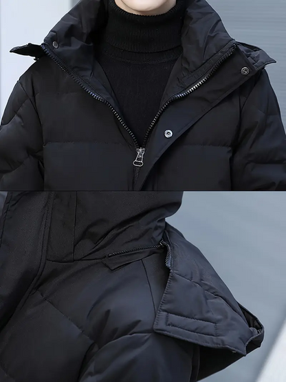 Men’s Puffer Coat – Quilted Insulation – Relaxed Fit – Long Length – Hooded Design