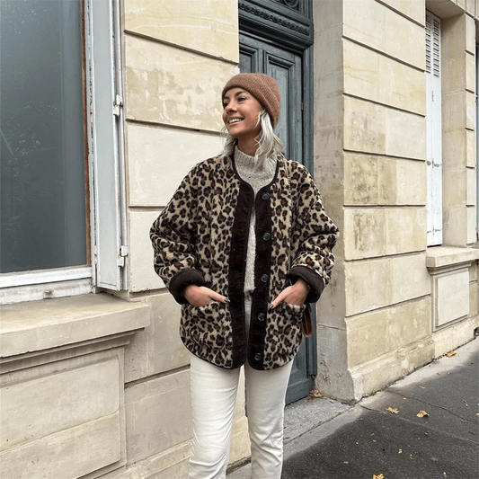 Women’s Jacket – Oversized Fit – Faux Fur Texture – Animal Print – Button Front