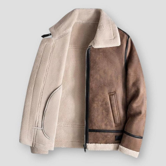 Men’s Jacket – Relaxed Fit – Faux Leather Look – Shearling Trim – Hip Length – Zip Closure