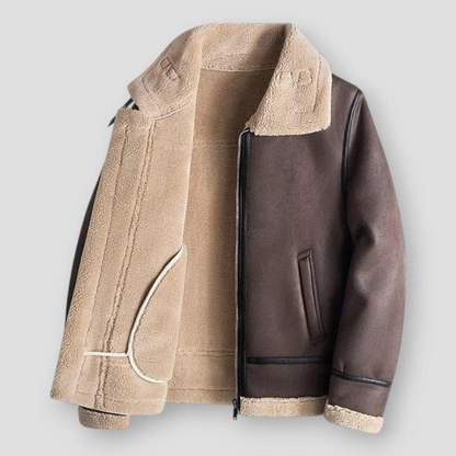 Men’s Jacket – Relaxed Fit – Faux Leather Look – Shearling Trim – Hip Length – Zip Closure