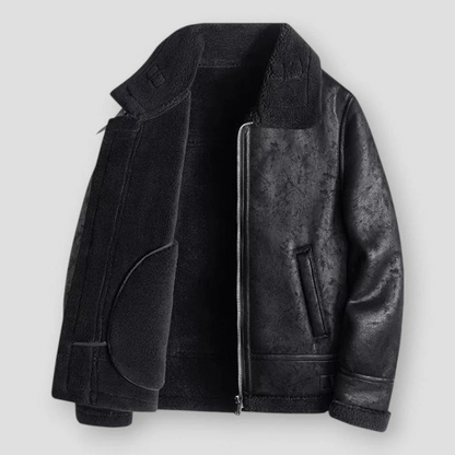 Men’s Jacket – Relaxed Fit – Faux Leather Look – Shearling Trim – Hip Length – Zip Closure