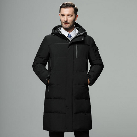 Men’s Long Puffer Jacket – Water Resistant – Regular Fit – Detachable Hood – Pockets