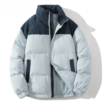 Men’s Puffer Jacket – Quilted Insulation – Corduroy Yoke – Relaxed Fit – High Collar