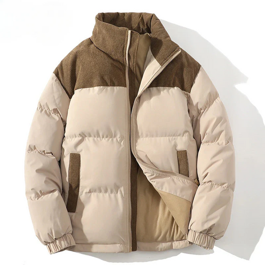 Men’s Puffer Jacket – Quilted Insulation – Corduroy Yoke – Relaxed Fit – High Collar