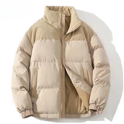 Men’s Puffer Jacket – Quilted Insulation – Corduroy Yoke – Relaxed Fit – High Collar